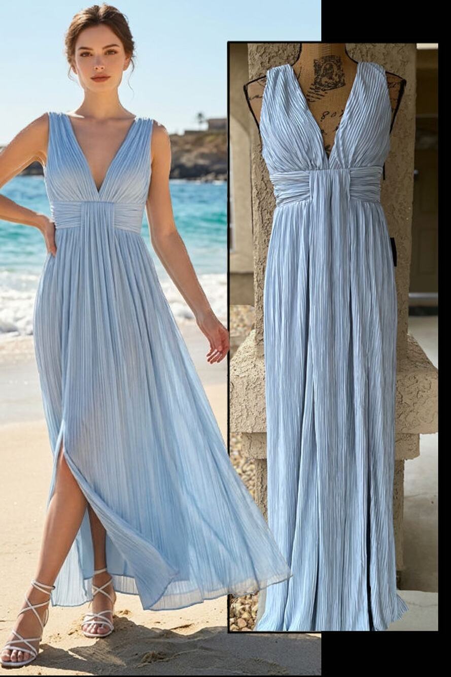 Lulus Melitta Light Blue Plisse Sash Maxi Dress Size L